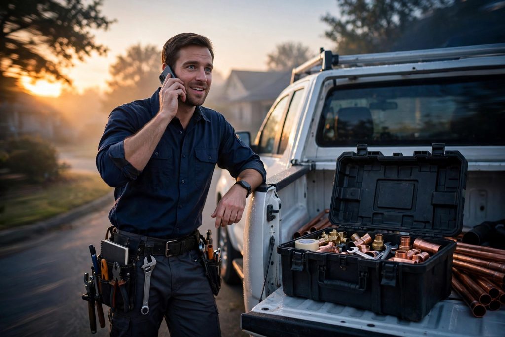 A plumber beside his work truck at dawn, answering a customer's call