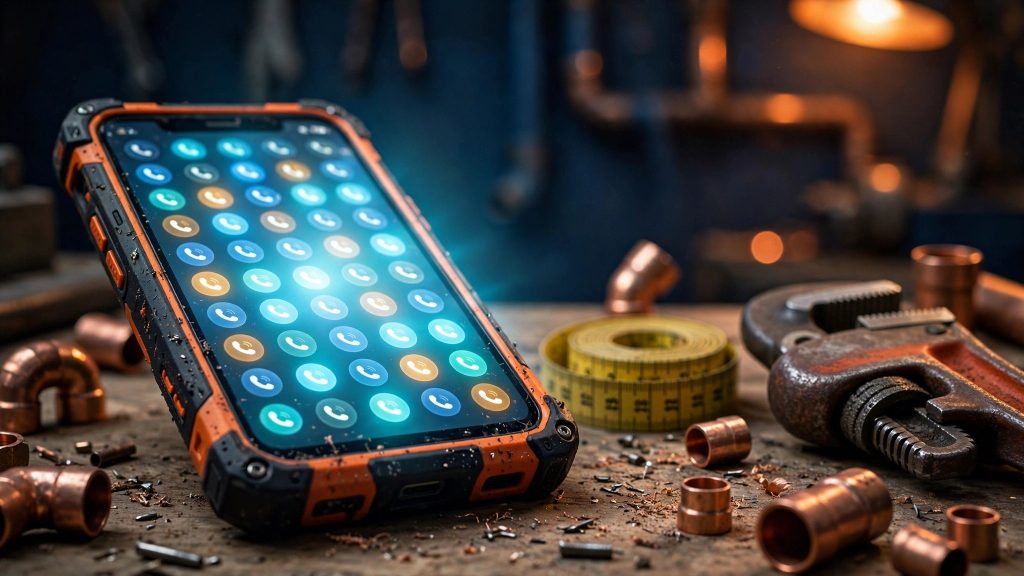 A plumber's phone on a workbench flooded with incoming calls, next to copper fittings and a pipe wrench