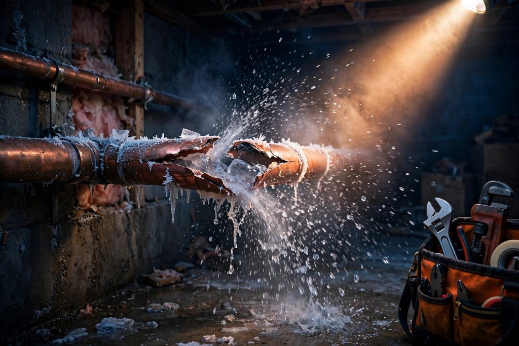 A copper pipe split by ice in a basement, water spraying in dramatic light