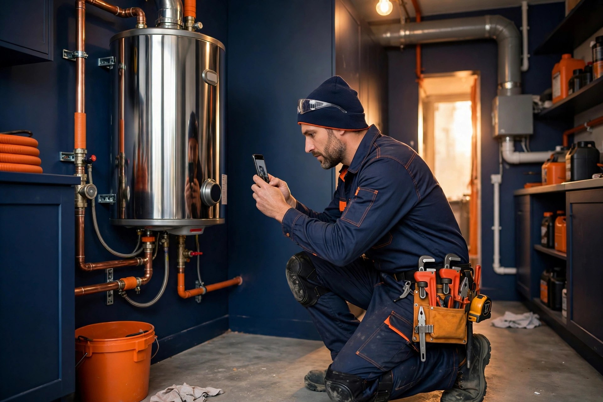 A plumber photographing a finished installation as proof of work