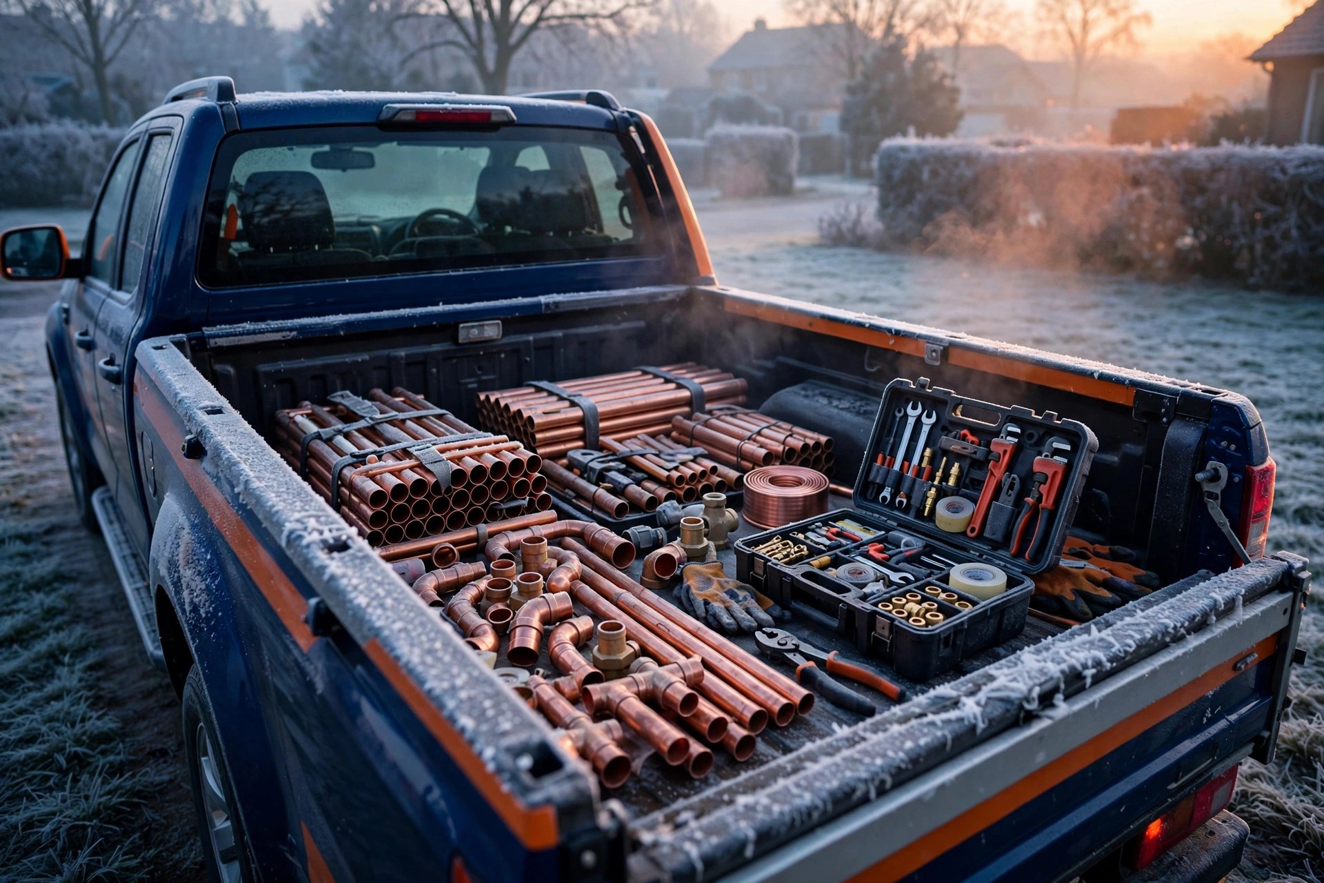 A service truck stocked and ready before dawn on a frosty morning